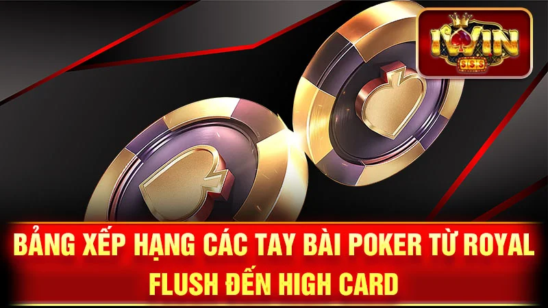 Bảng xếp hạng các tay bài Poker từ Royal Flush đến High Card.