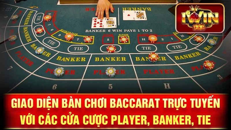 Giao diện bàn chơi Baccarat trực tuyến với các cửa cược Player, Banker, Tie.