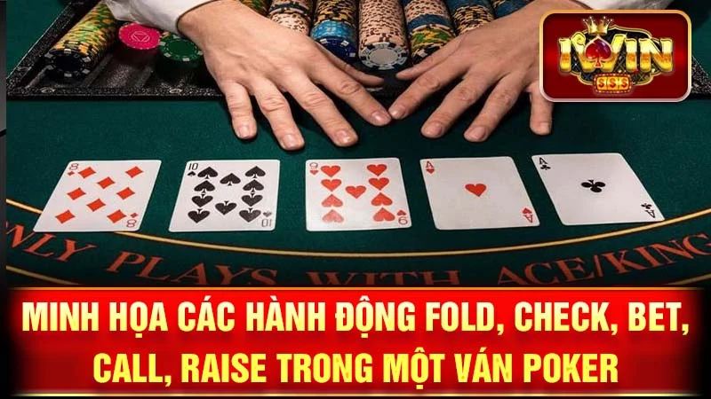Minh họa các hành động Fold, Check, Bet, Call, Raise trong một ván Poker.
